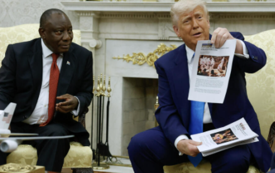 Death, Death: Trump held printed copies of articles that he said showed white South Africans who had been killed, saying “death, death” as he flipped through them.